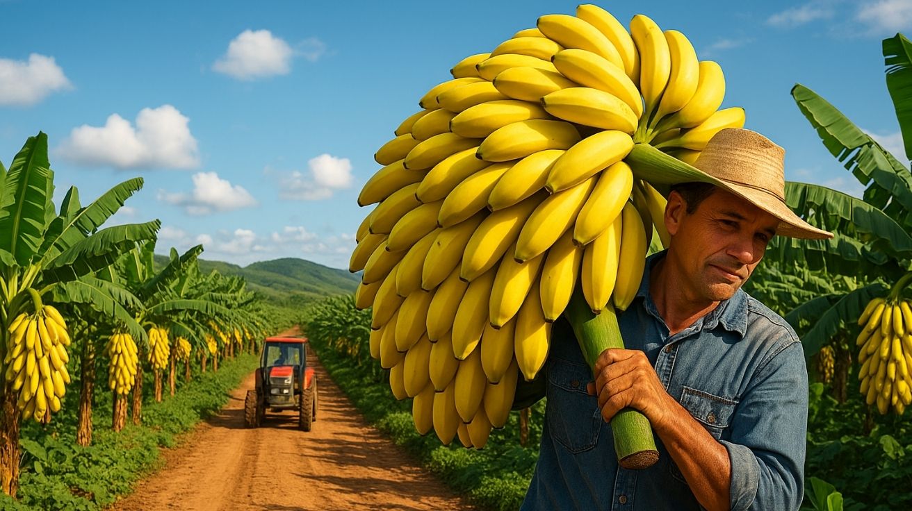Trabalhador rural carrega cacho em fazenda de bananas no Vale do Ribeira, com trator e fileiras de bananeiras ao fundo