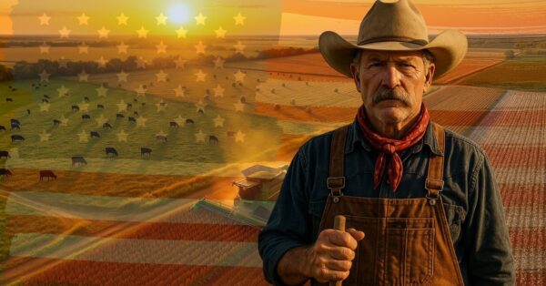 Fazendeiro texano com chapéu e lenço vermelho à frente de fazenda ao pôr do sol com gado, algodão, sorgo e bandeira dos EUA sobreposta.
