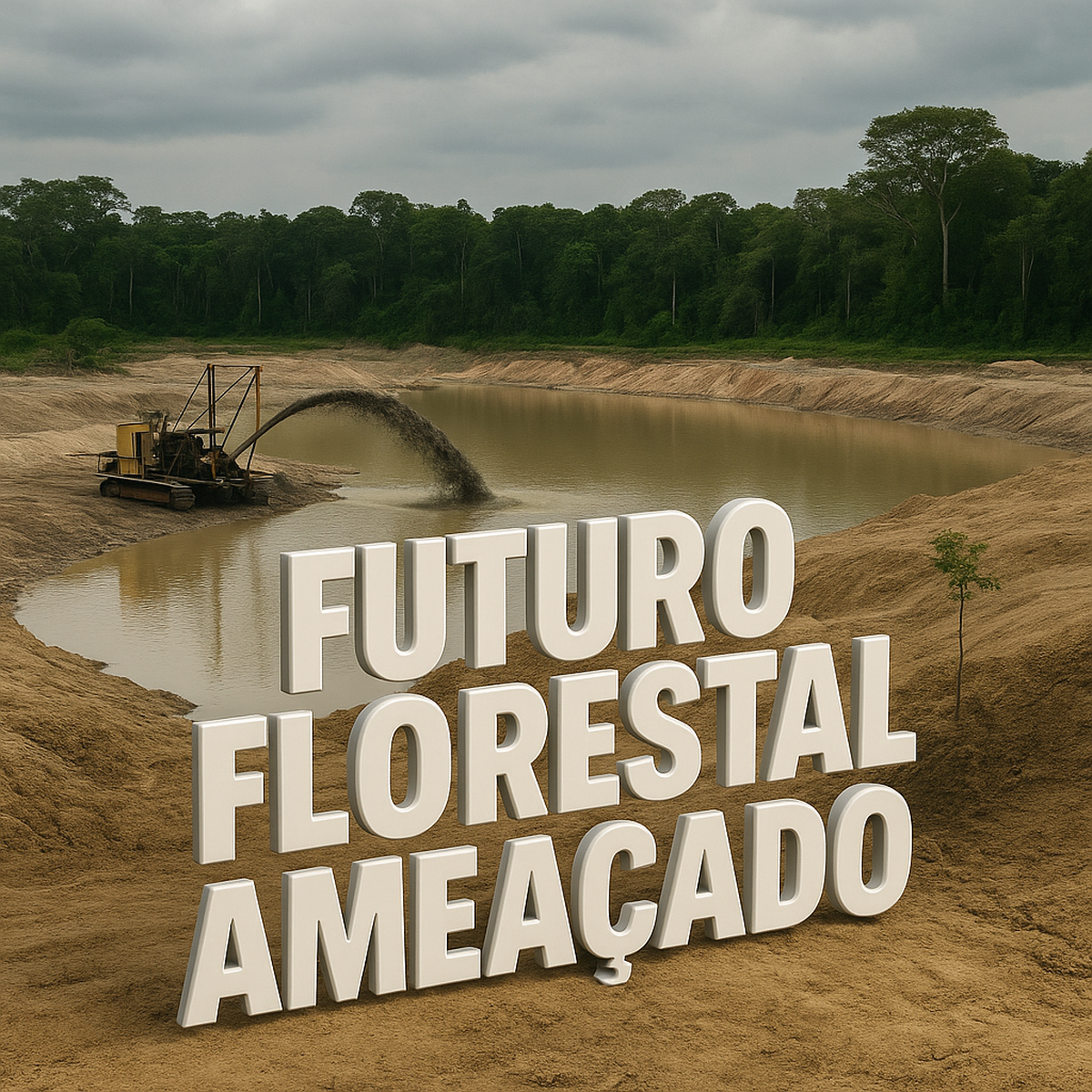 Imagem ultra realista de mineração na Amazônia com a frase em 3D “Futuro Florestal Ameaçado” sobre área desmatada, máquina de sucção ativa e floresta ao fundo.