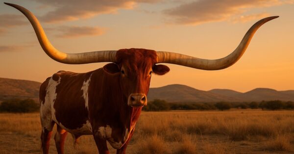 Gado Texas Longhorn com chifres grandes em paisagem rural do Texas durante o pôr do sol, representando a força do agronegócio americano