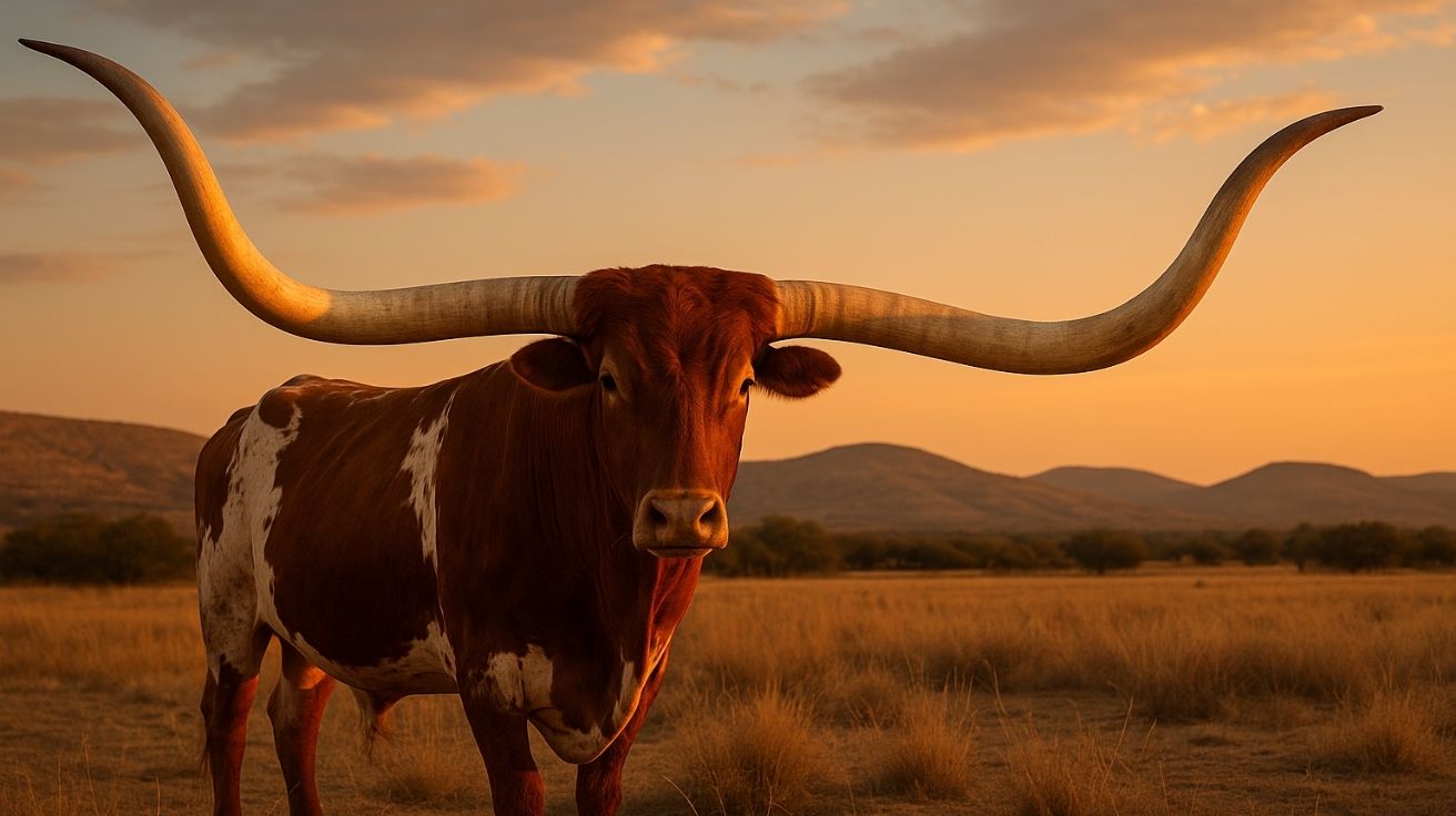 Gado Texas Longhorn com chifres grandes em paisagem rural do Texas durante o pôr do sol, representando a força do agronegócio americano