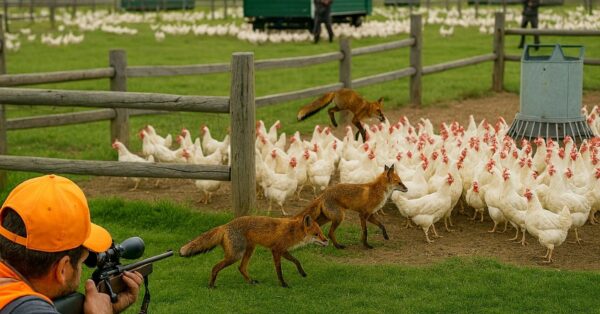 Produtor rural armado protege galinhas criadas soltas em fazenda australiana contra ataque de raposas em área de pasto rotativo com galinheiros móveis ao fundo