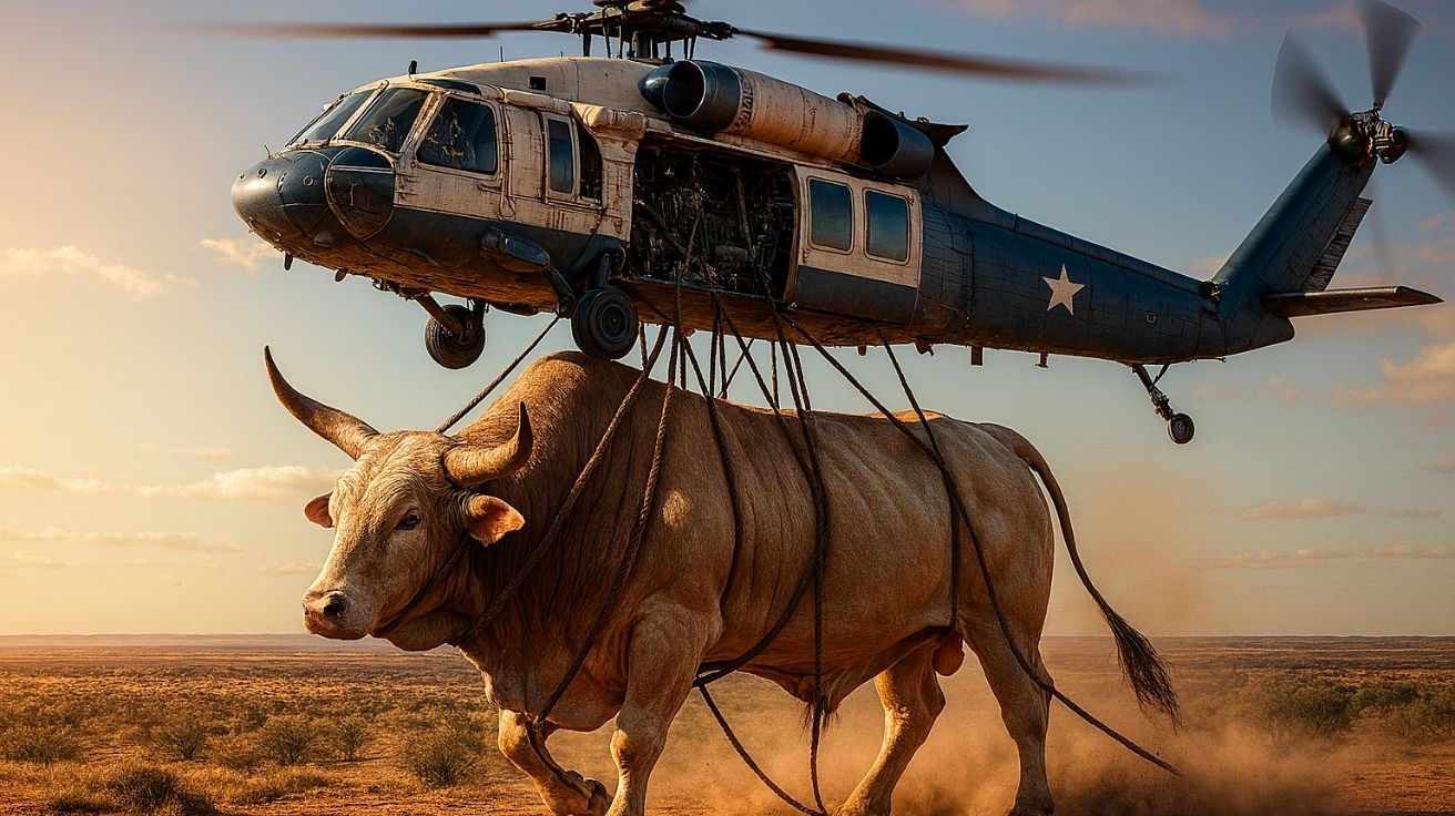 Helicóptero levanta boi com cordas sobre fazenda nos EUA, ilustrando tecnologia agrícola usada por fazendeiros americanos para manejo de gado