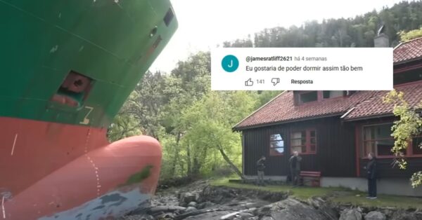 Navio cargueiro encalhado no jardim de uma casa na Noruega, enquanto moradores observam e internautas comentam com humor sobre o incidente.