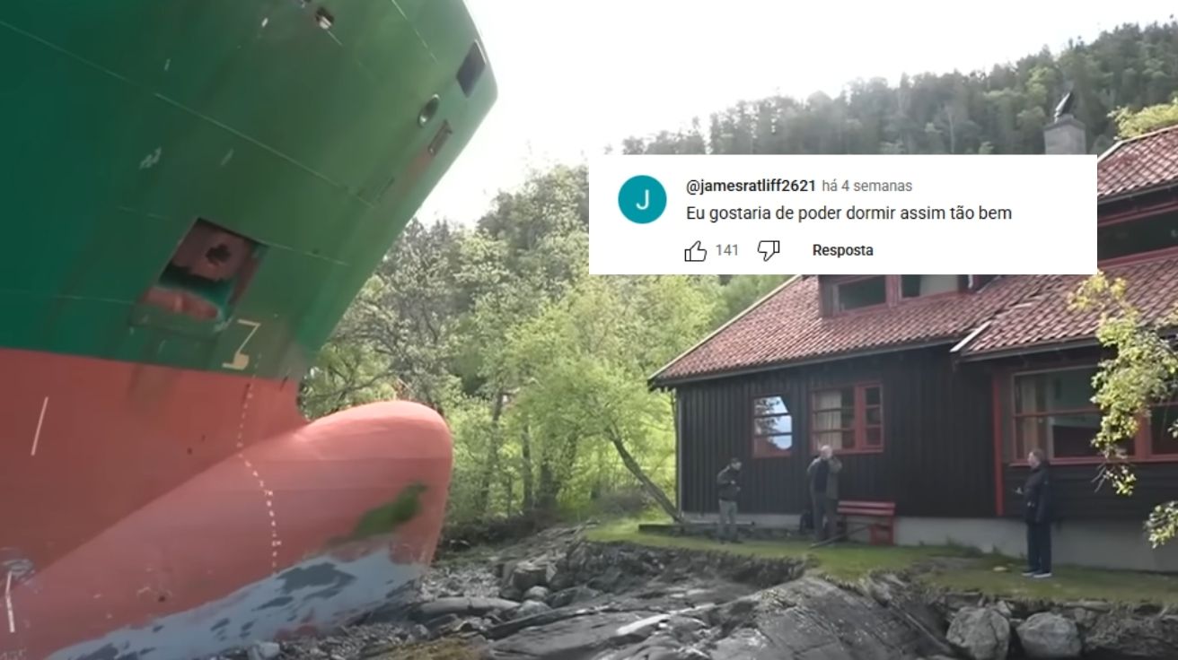 Navio cargueiro encalhado no jardim de uma casa na Noruega, enquanto moradores observam e internautas comentam com humor sobre o incidente.
