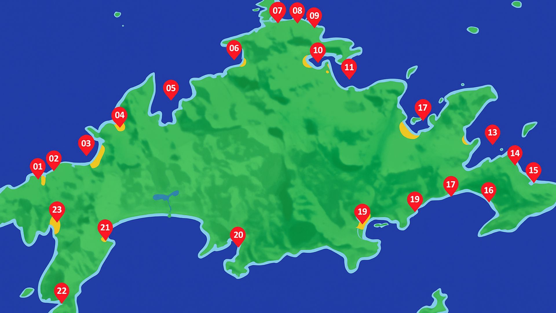Mapa digital colorido da Ilha Grande com 23 marcadores vermelhos sinalizando locais turísticos importantes.