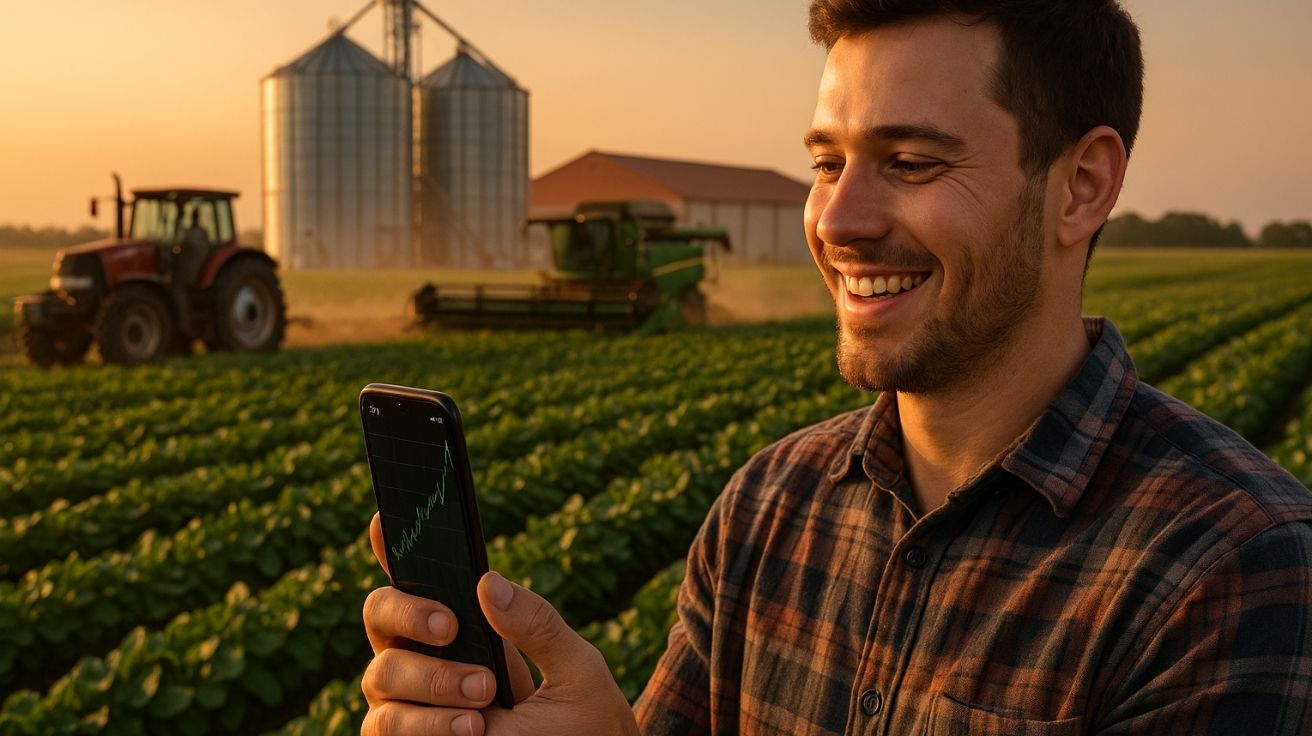 Jovem investidor rural segura celular com gráfico de investimento em lavoura, com trator, colheitadeira e silos ao fundo, simbolizando o CRA e LCA no agronegócio