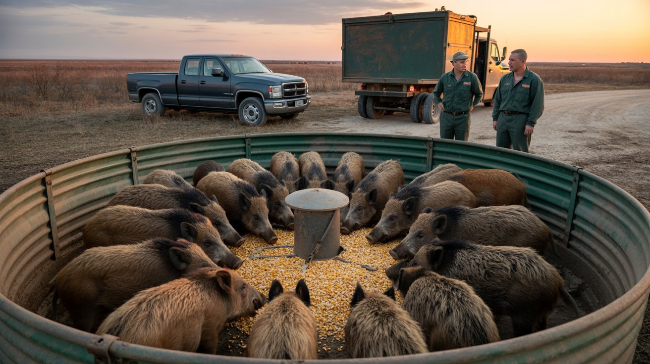 Armadilha automática e escavação no solo usadas para captura de javalis nos EUA e no Brasil.