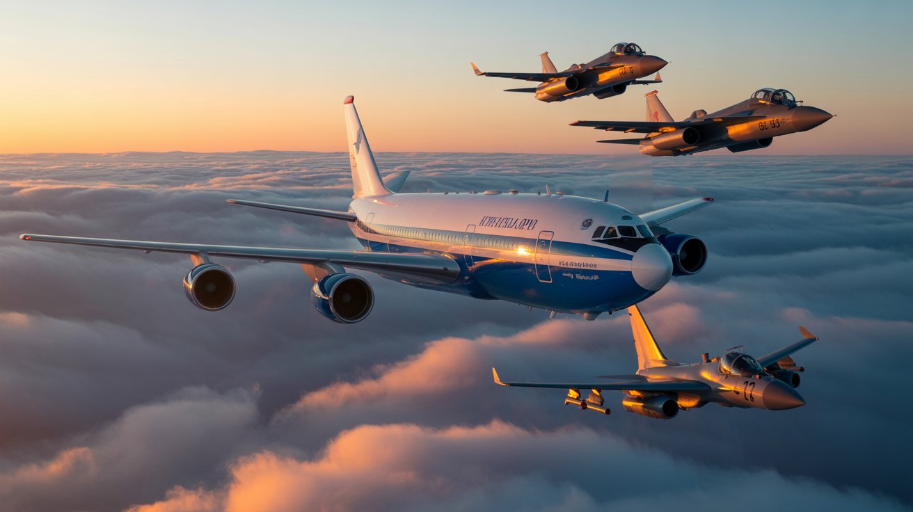 Avião IL-96-300PU de Putin voando em formação com caças