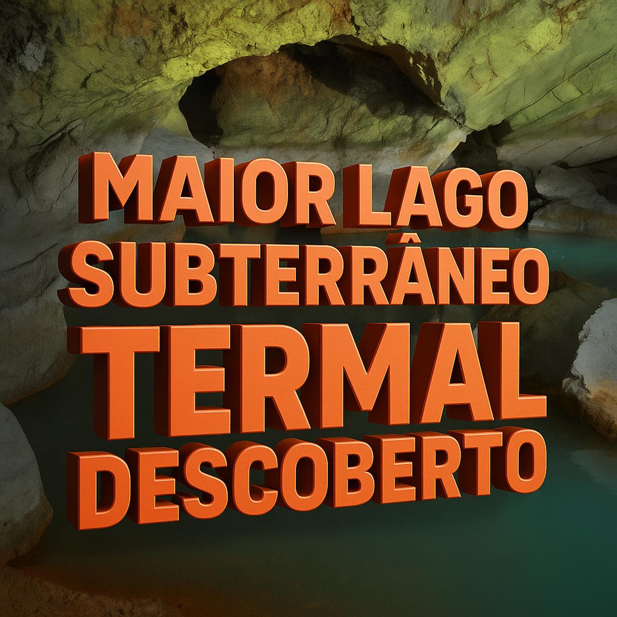 Imagem de uma caverna com lago subterrâneo termal e frase em 3D destacando maior descoberta geotérmica do mundo