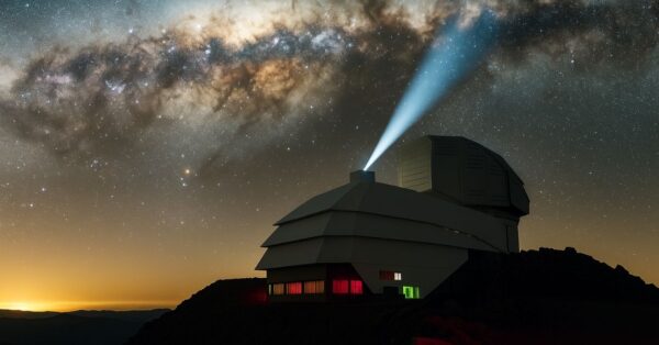 Observatório Vera C. Rubin à noite com feixe de luz da maior câmera do mundo direcionado ao centro da galáxia