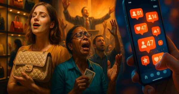 Tripla cena hiper-realista mostra uma mulher encantada por uma bolsa de grife, fiéis emocionados em um culto evangélico, e uma mão segurando celular repleto de notificações, representando os mecanismos invisíveis de manipulação.