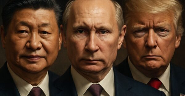 Retratos dramáticos de Xi Jinping, Vladimir Putin e Donald Trump lado a lado, iluminados por luz lateral para ressaltar expressão de autoridade