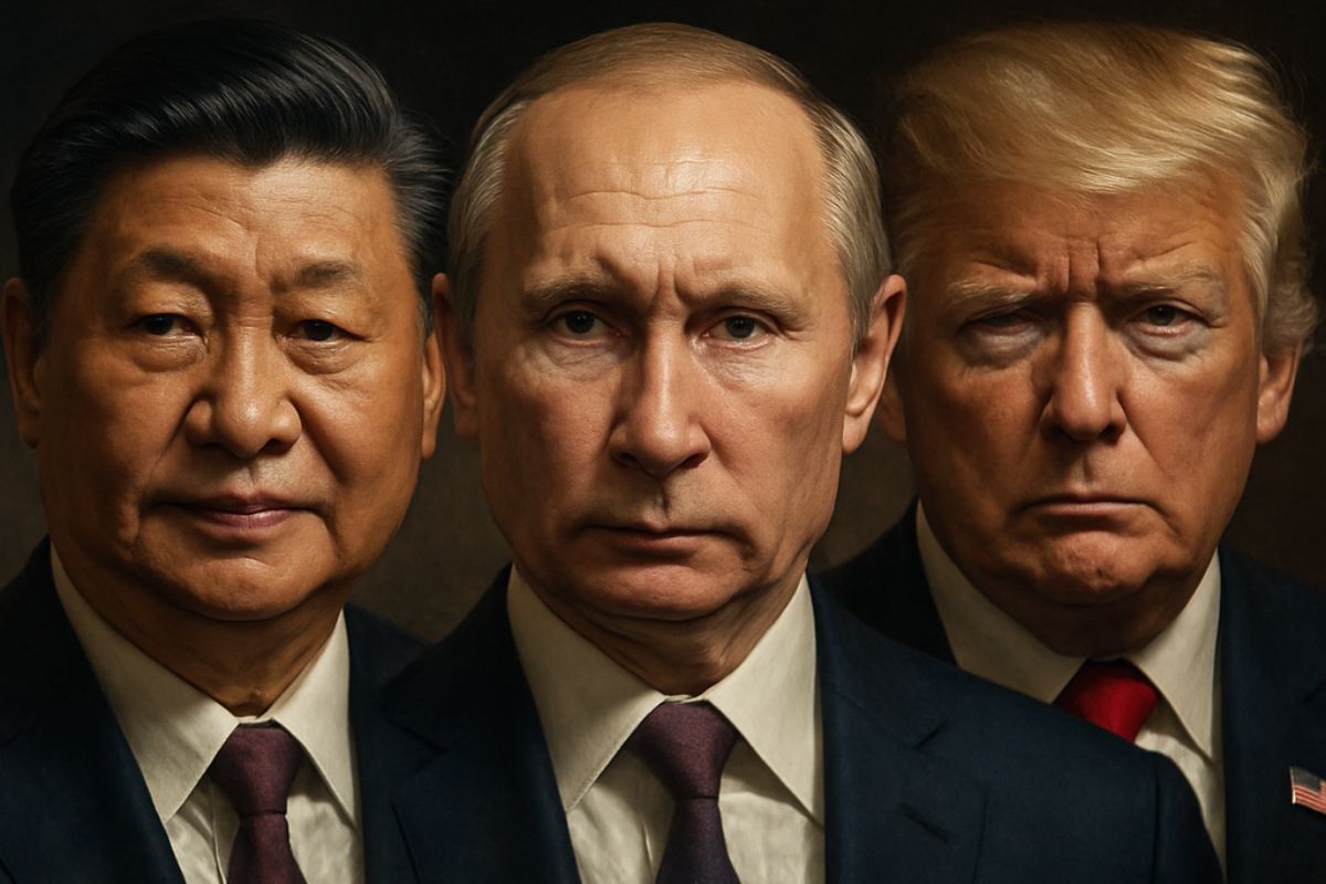 Retratos dramáticos de Xi Jinping, Vladimir Putin e Donald Trump lado a lado, iluminados por luz lateral para ressaltar expressão de autoridade