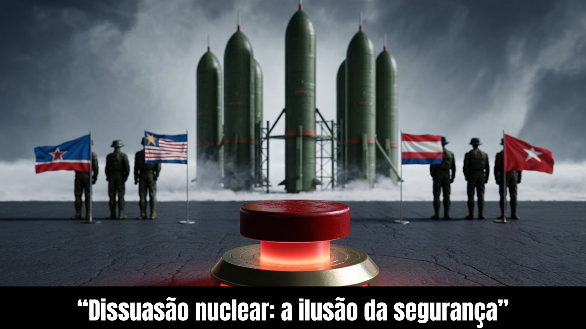 Silhuetas de soldados frente a frente com mísseis nucleares ao fundo simbolizando a paz armada entre potências.