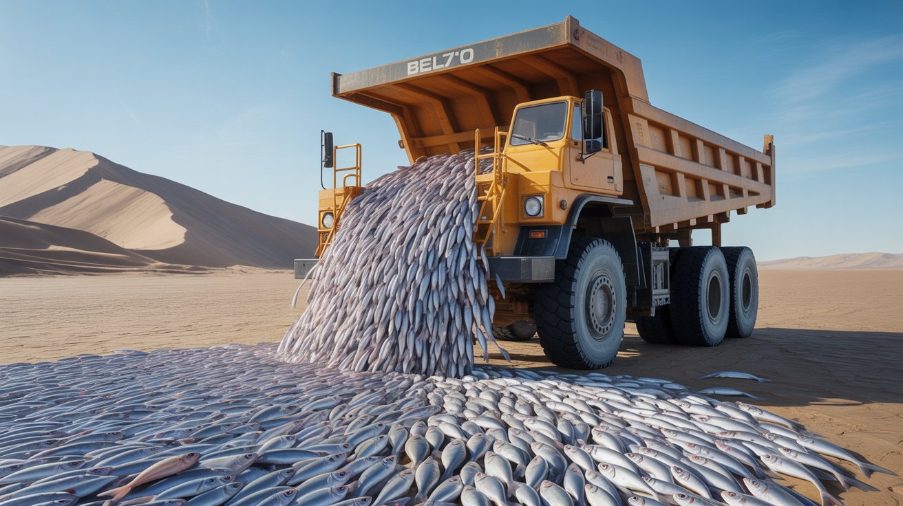 Pescadores chineses trabalhando em tanques de peixes no deserto do Taklamakan