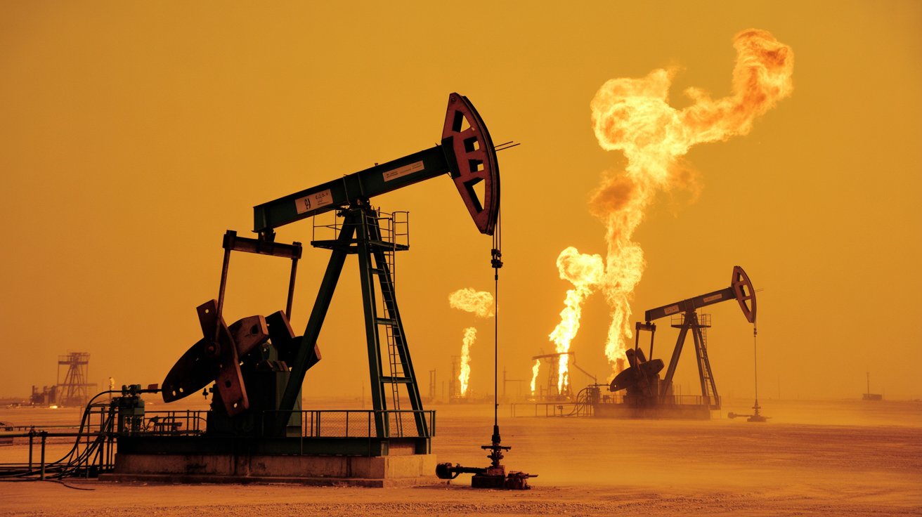 Bombas extratoras de petróleo operando durante conflito no Oriente Médio