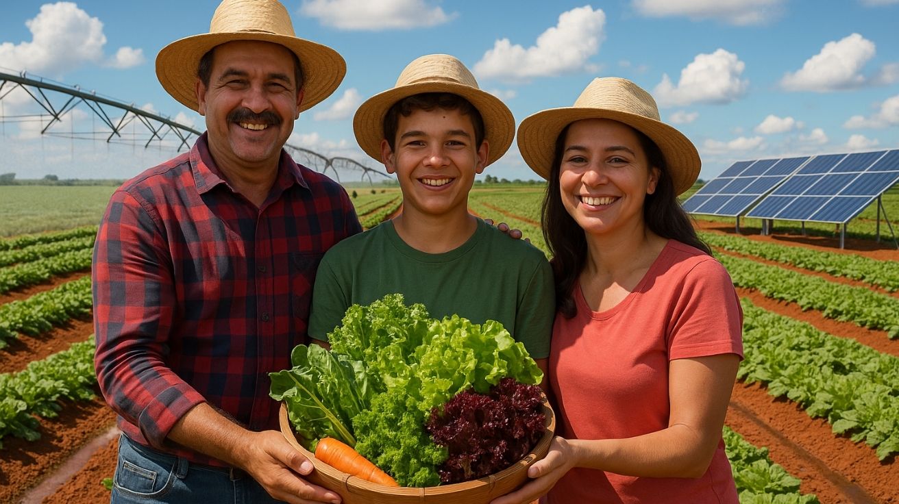 Família de agricultores familiares segura cesta com hortaliças em lavoura irrigada, com painéis solares ao fundo, representando o Plano Safra 2025/2026.