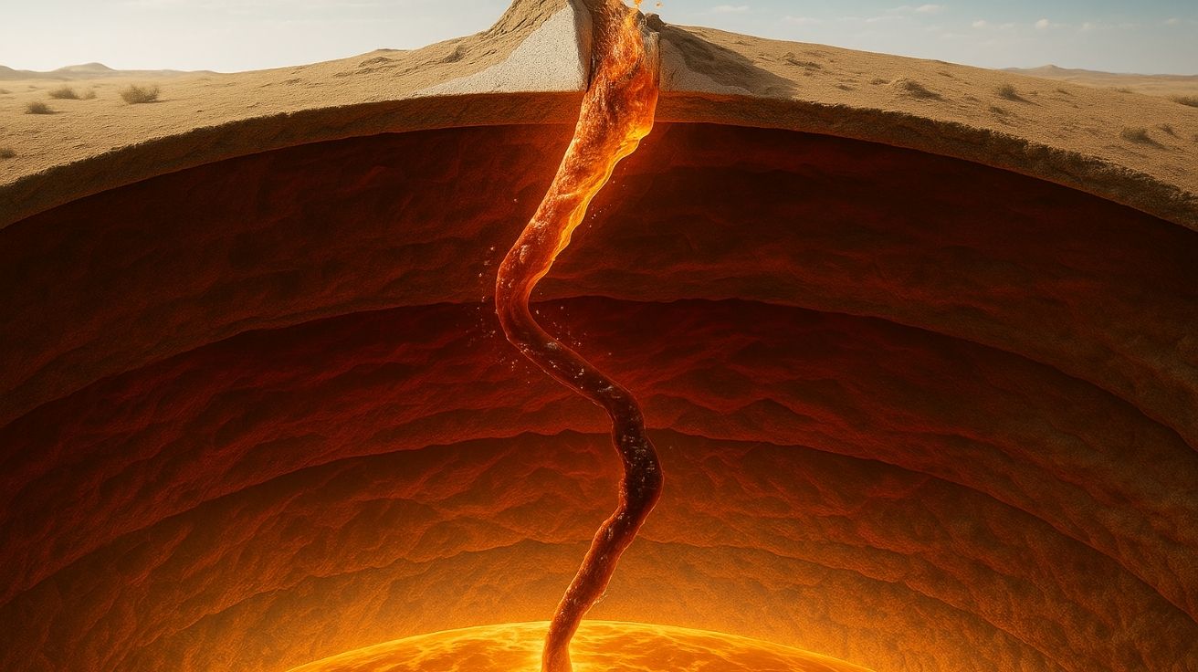 Pluma fantasma emergindo do núcleo da Terra e atravessando camadas do manto até romper discretamente a superfície do deserto