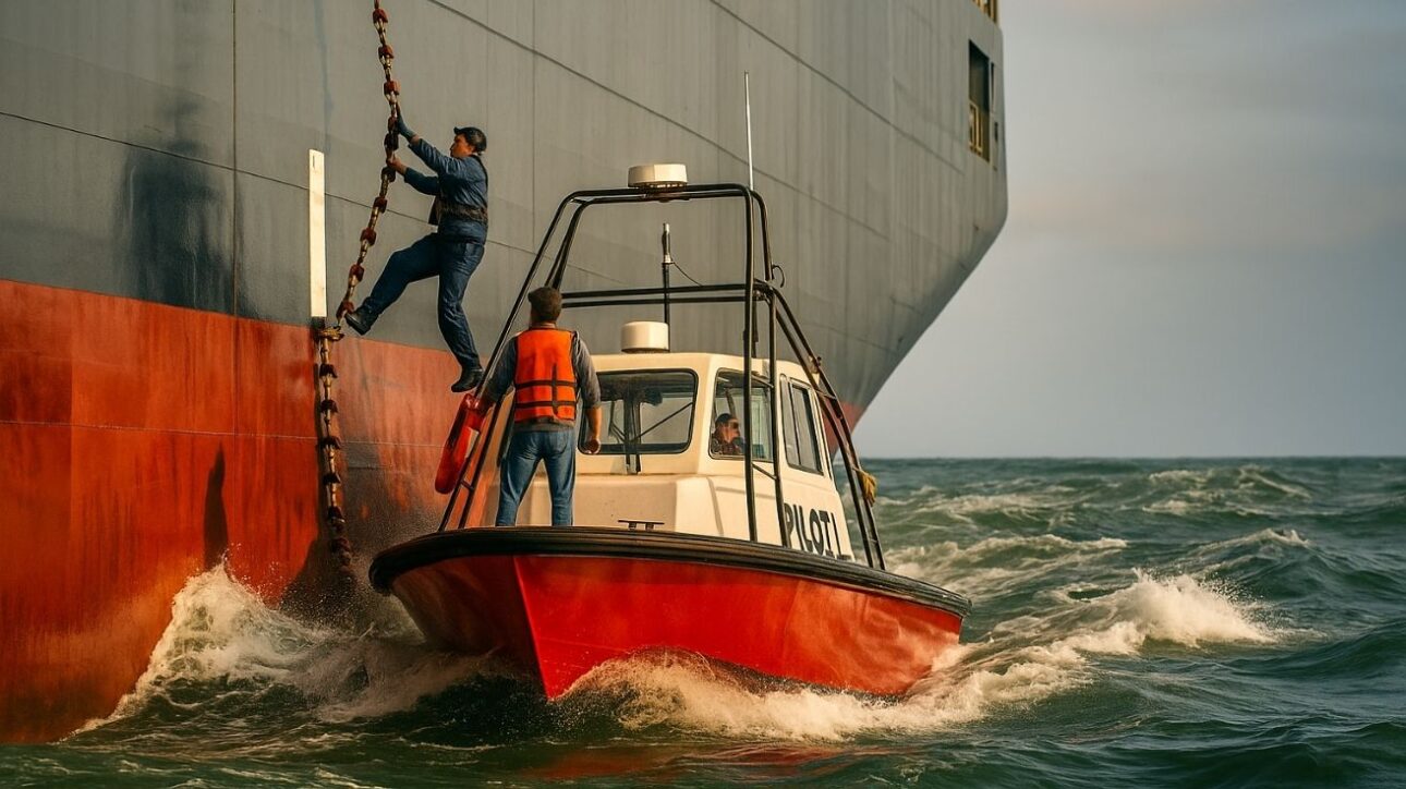 Imagen realista muestra la operación de embarque de un práctico de barco en medio del mar agitado, evidenciando el riesgo y la destreza exigidos en la profesión. La escena retrata el momento crítico en que el profesional deja la lancha de apoyo para subir a bordo de la embarcación principal.