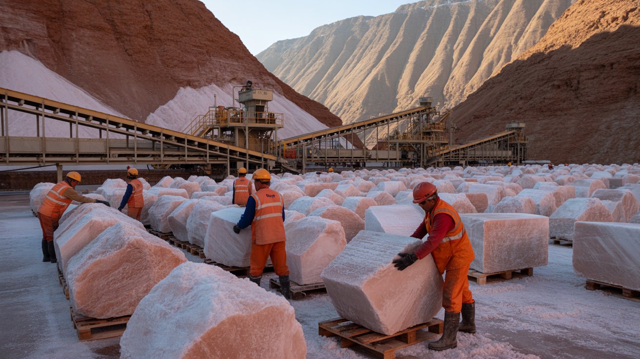Trabalhadores ao redor de pedras gigantes de sal rosa em área industrial com esteiras transportando cristais e máquinas automatizadas operando ao fundo