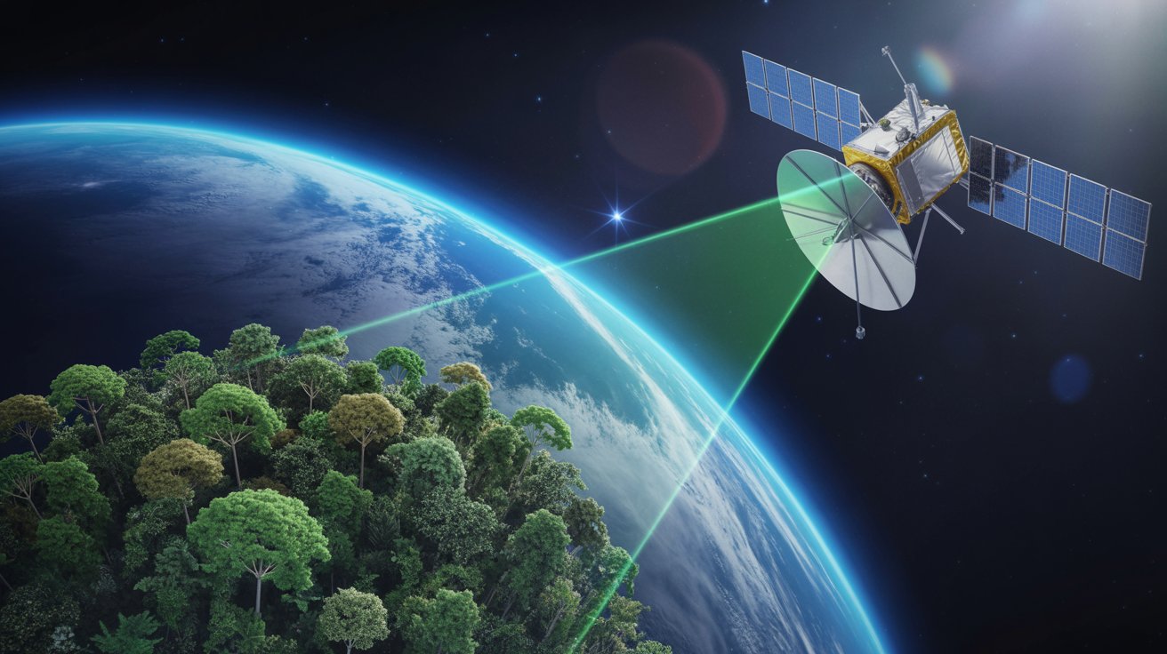 Imagem de radar mostrando floresta amazônica com diferentes densidades e o rio Beni ao centro.