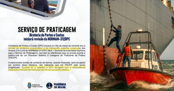 Imagem mostra comunicado da Marinha sobre normas da praticagem ao lado de prático subindo escada em navio cargueiro com mar agitado.