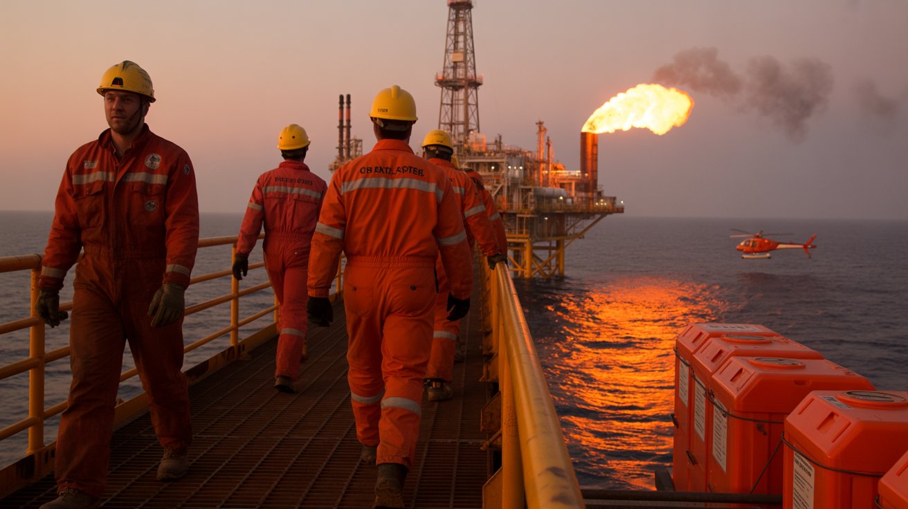 Cena realista de trabalhadores caminhando sobre plataforma offshore com mar ao fundo e helicóptero em aproximação.