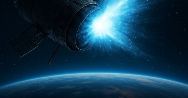 Satélite da NASA em órbita expelindo pulso de luz azul intensa contra o fundo estrelado do espaço