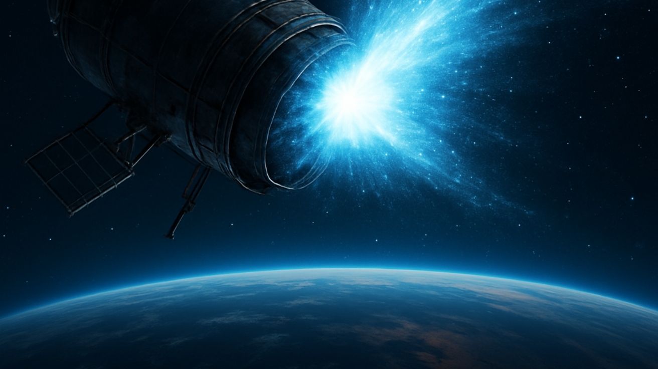 Satélite da NASA em órbita expelindo pulso de luz azul intensa contra o fundo estrelado do espaço