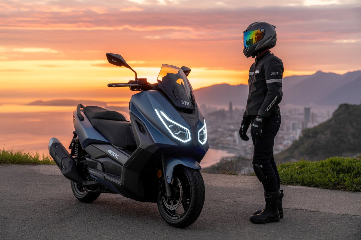 Maxi-scooter SYM ADX 400 TG estacionado em estrada panorâmica, com design esportivo e iluminação acesa ao entardecer