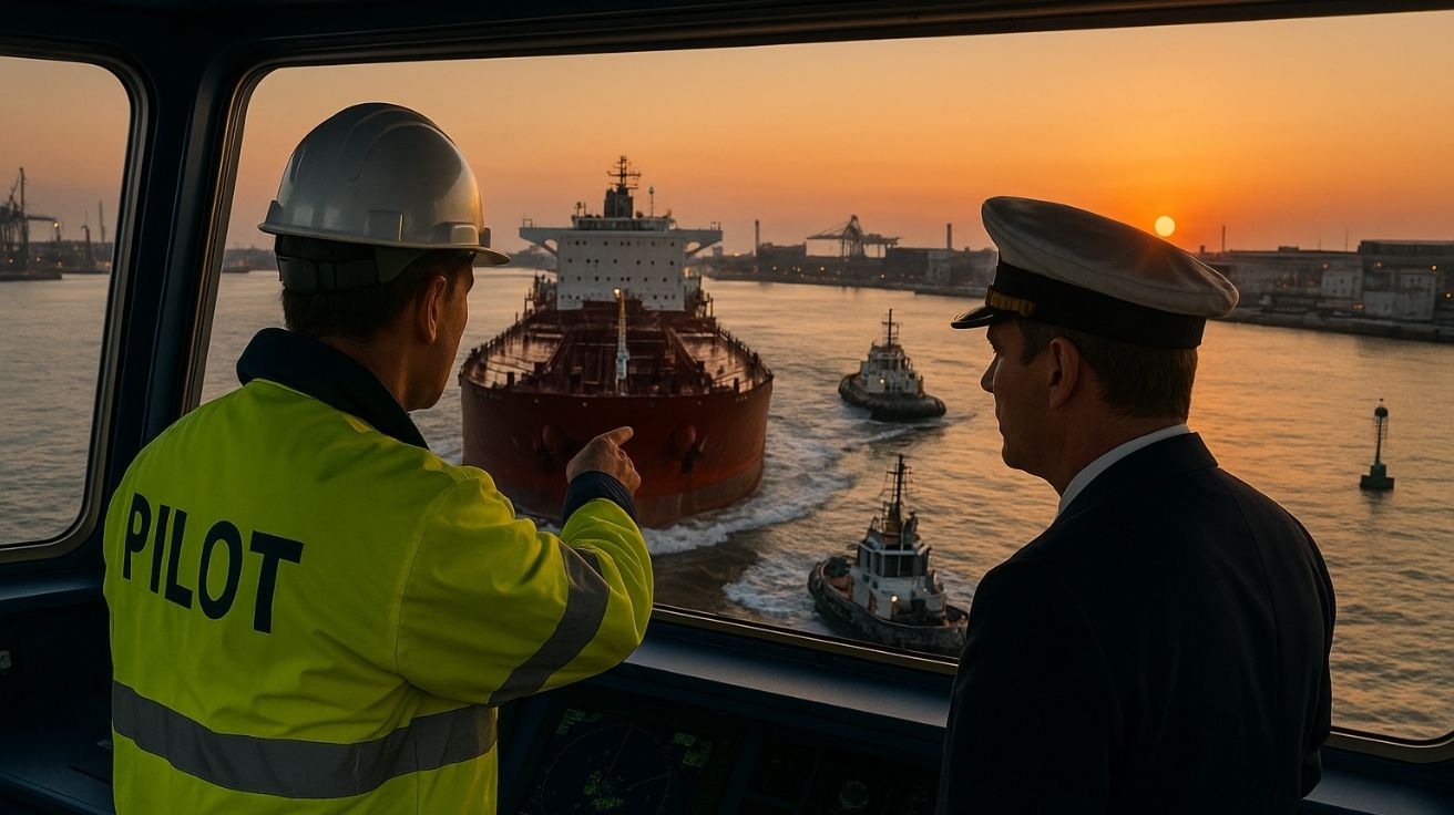 processo seletivo de prático: Prático e comandante coordenam entrada de navio no porto com apoio de rebocadores, vistos do passadiço ao entardecer.