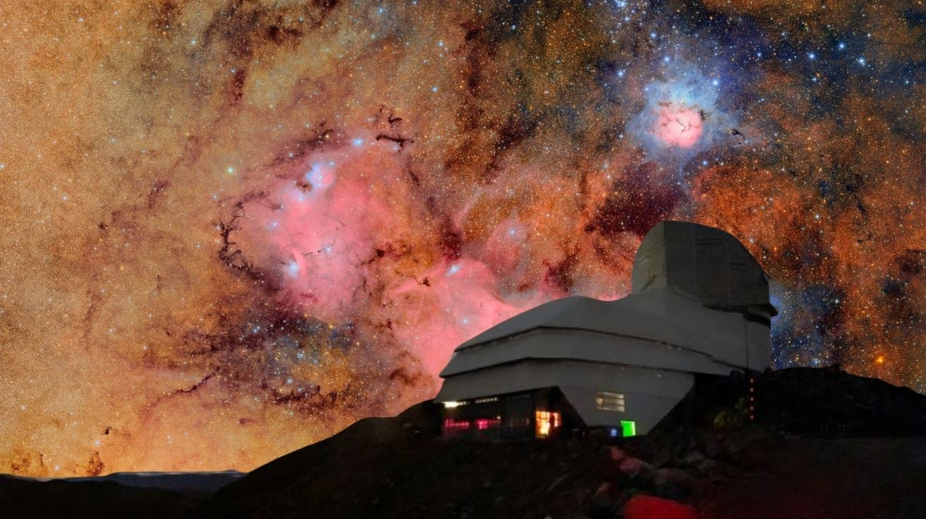 Supertelescópio Vera C Rubin iluminado à noite com fundo de galáxias e nebulosas coloridas no céu do Chile