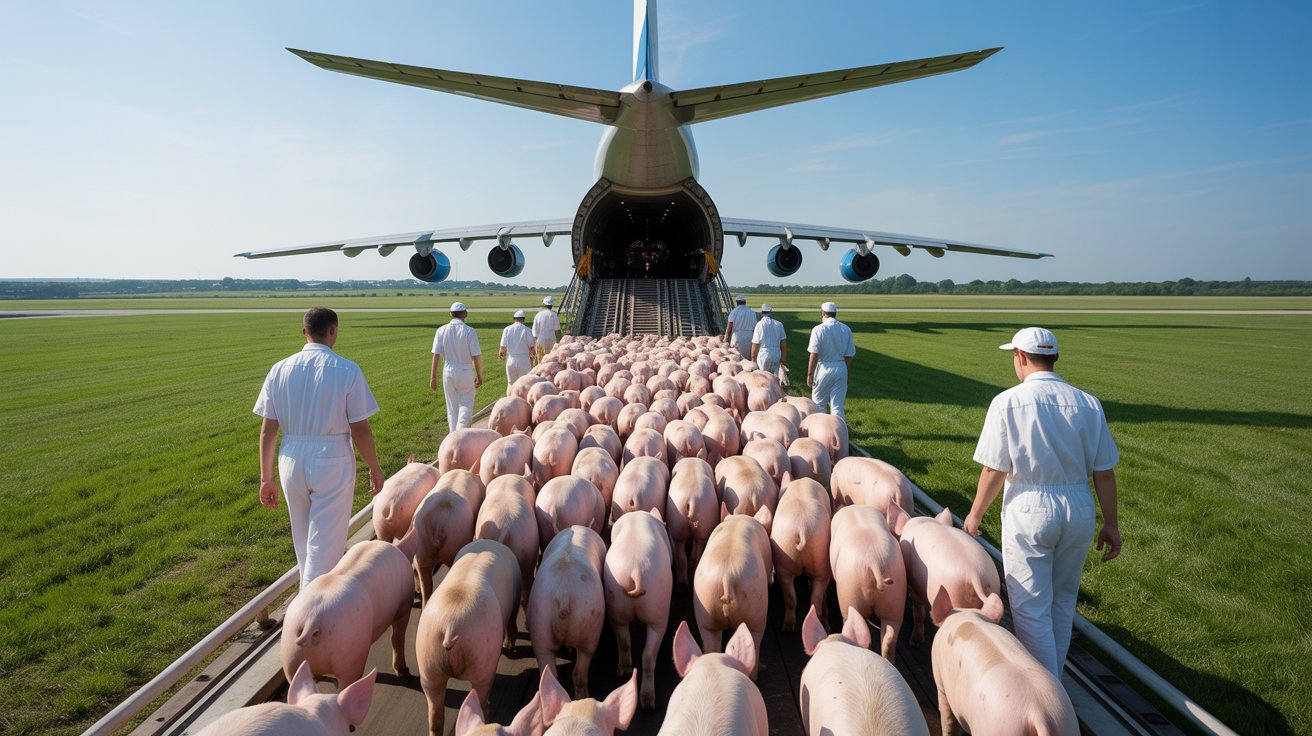 Porcos vivos acomodados em compartimentos ventilados dentro de avião de carga durante transporte internacional