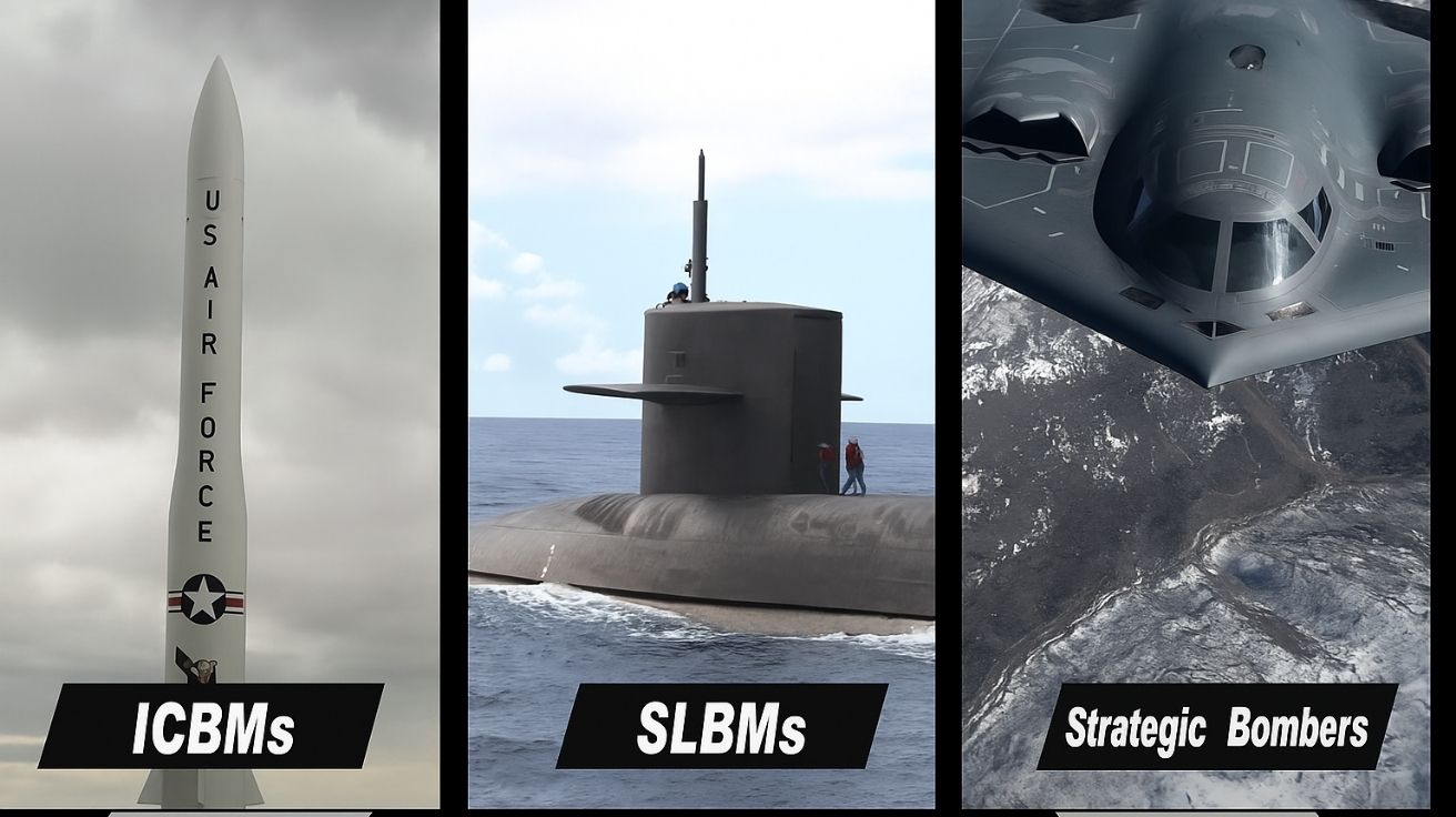 Composição mostrando míssil balístico intercontinental, submarino com mísseis nucleares e bombardeiro furtivo representando a tríade da força nuclear dos EUA