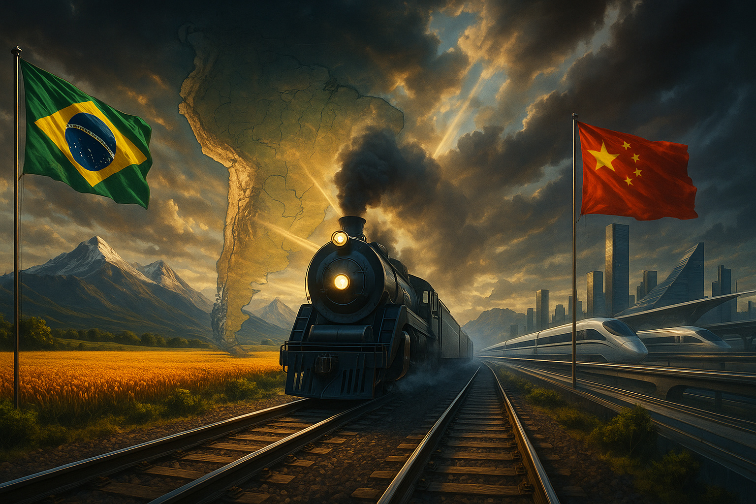 Brasil e China lançam megaprojeto ferroviário que ligará Atlântico ao Pacífico e pode revolucionar a logística e o comércio sul-americano.(Imagem: Reprodução/IA)