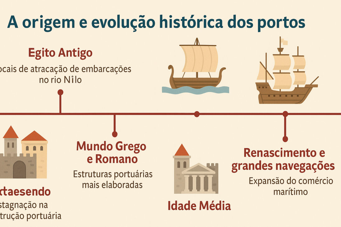 Infografía con línea de tiempo ilustrada mostrando la evolución histórica de los puertos, desde el Egipto Antiguo hasta el Renacimiento.