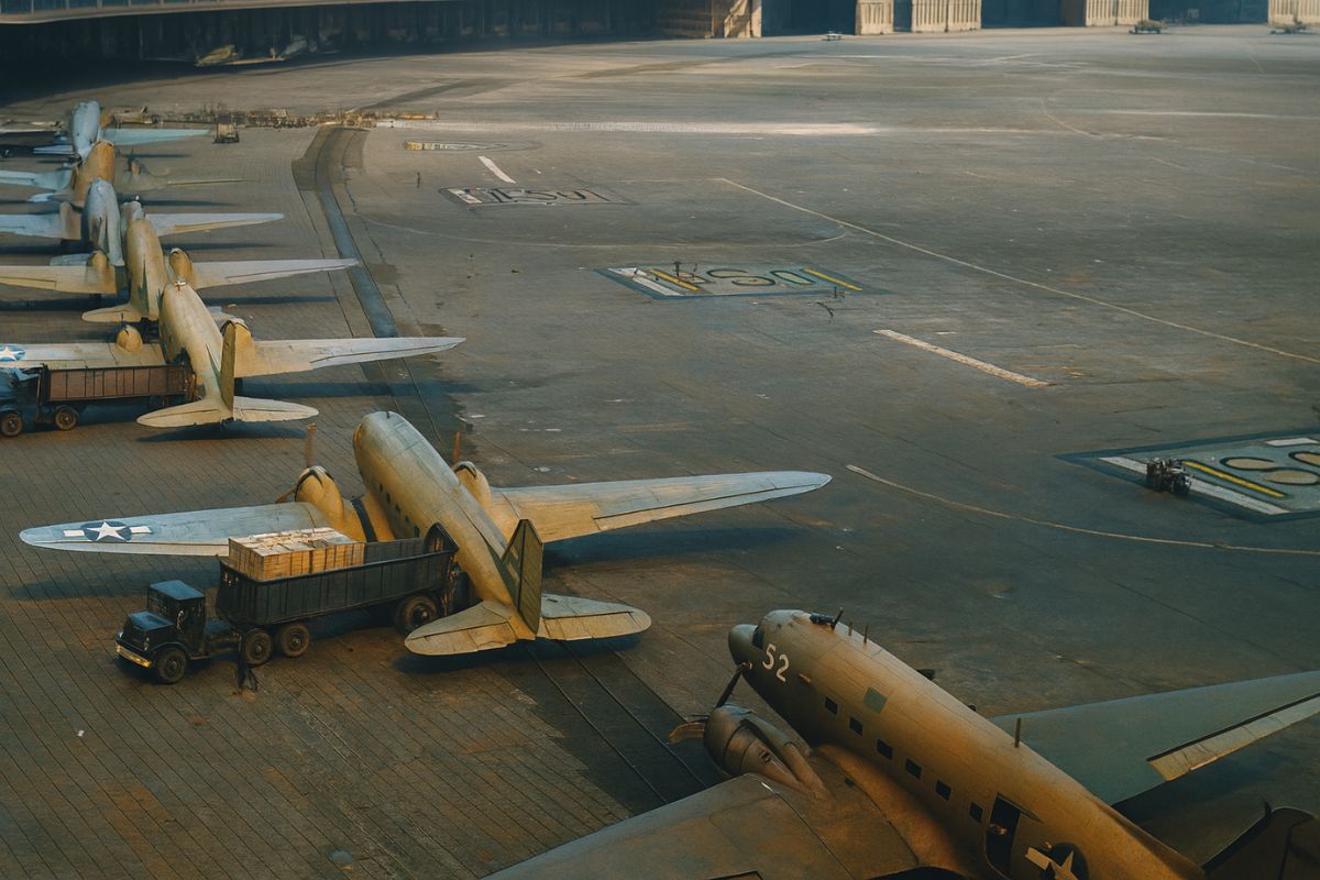 Aviões de transporte C-54 na pista do aeroporto de Tempelhof durante a histórica ponte aérea de Berlim, um marco da logística.
