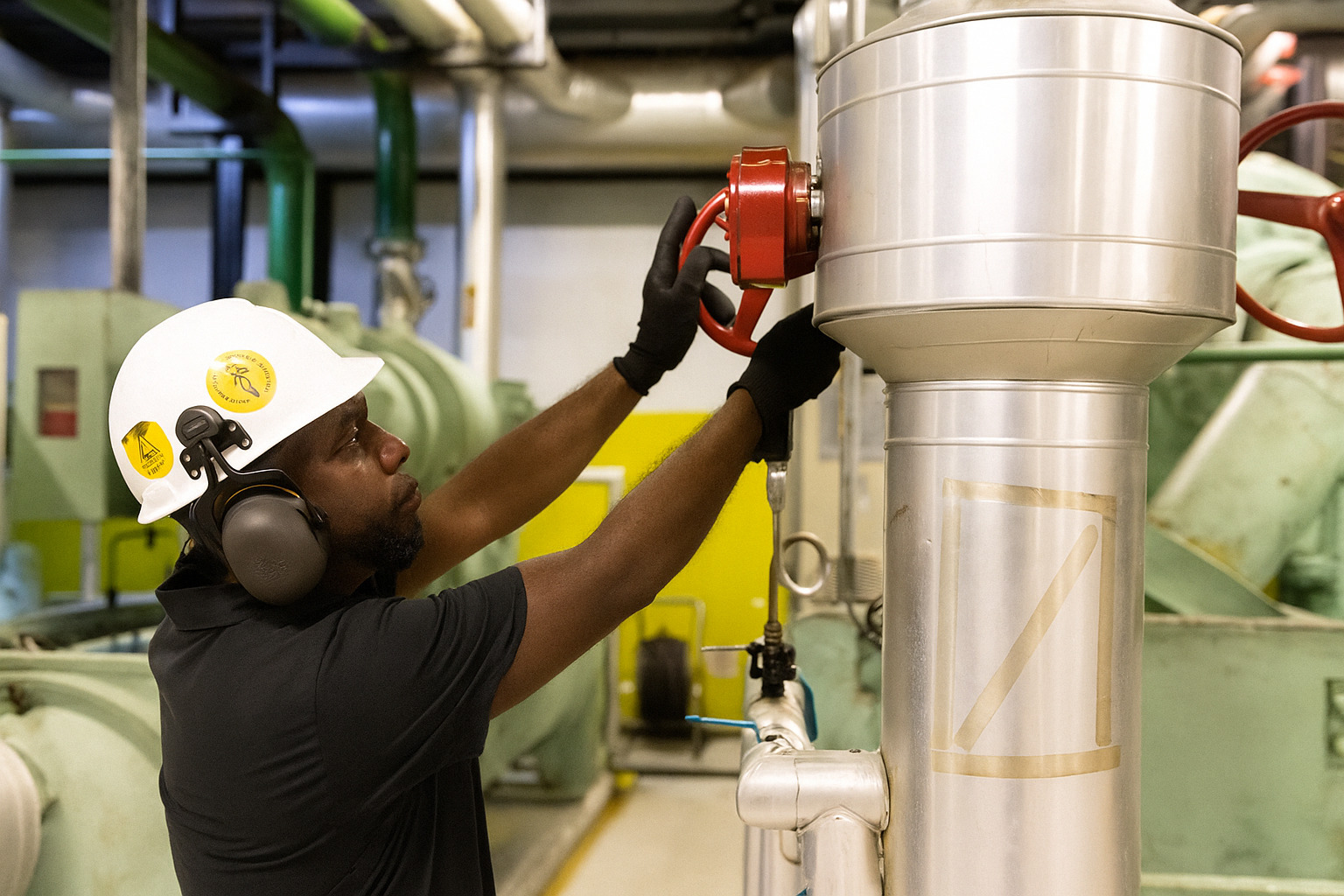 Trabalhador negro operando válvula em ambiente industrial com equipamentos de proteção