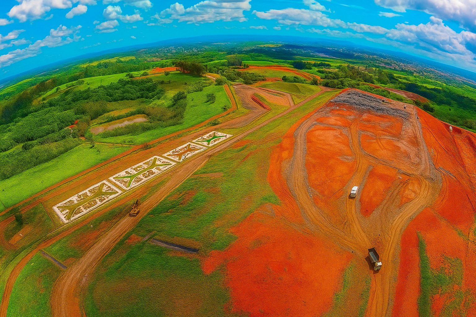 Imagem aérea de canteiro de obras com áreas verdes e solo avermelhado intensificados, destacando a construção em meio à natureza.