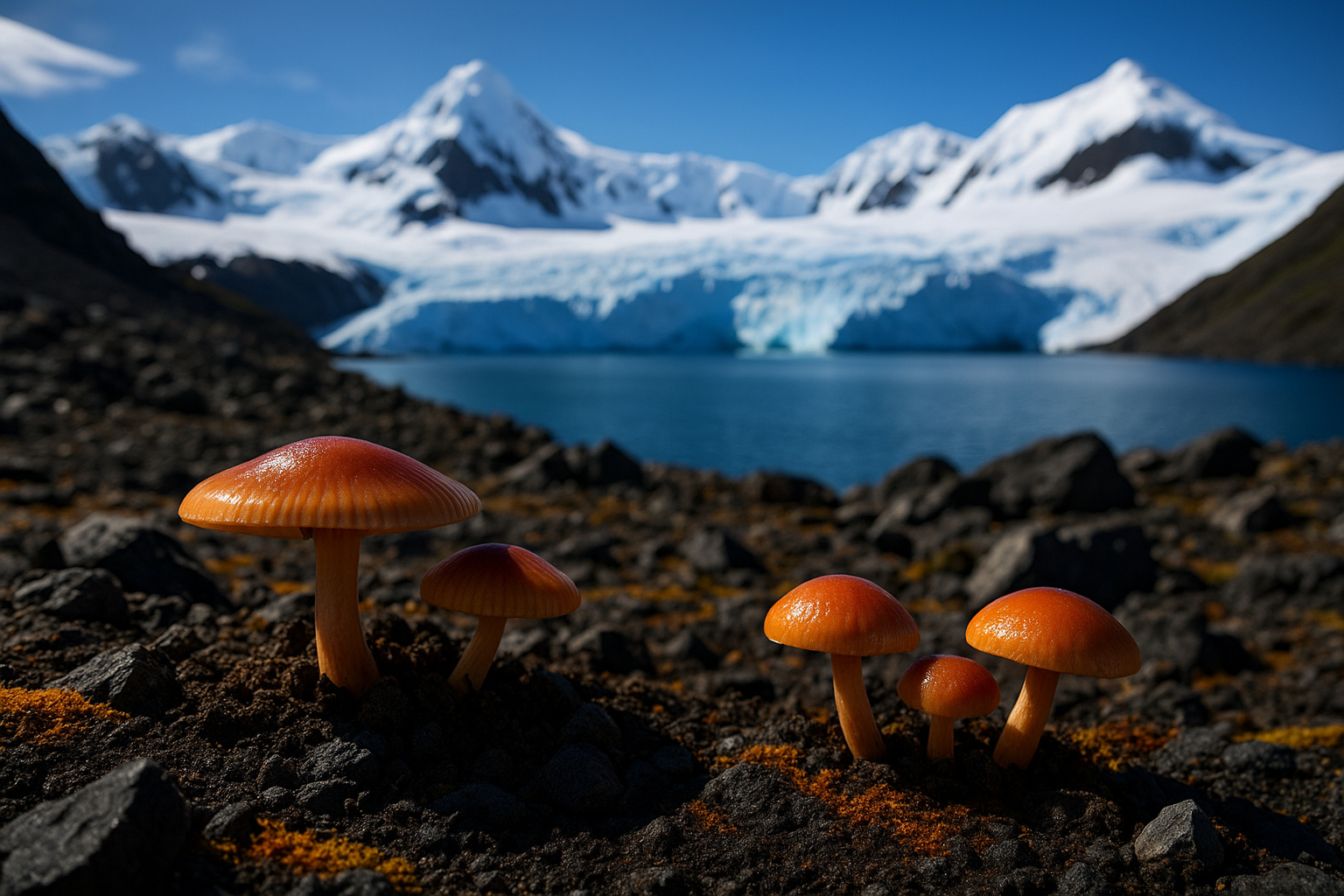 Cogumelos raros crescendo em solo rochoso na Antártica com geleiras ao fundo, destacando descobertas científicas sobre microrganismos e mudanças climáticas.