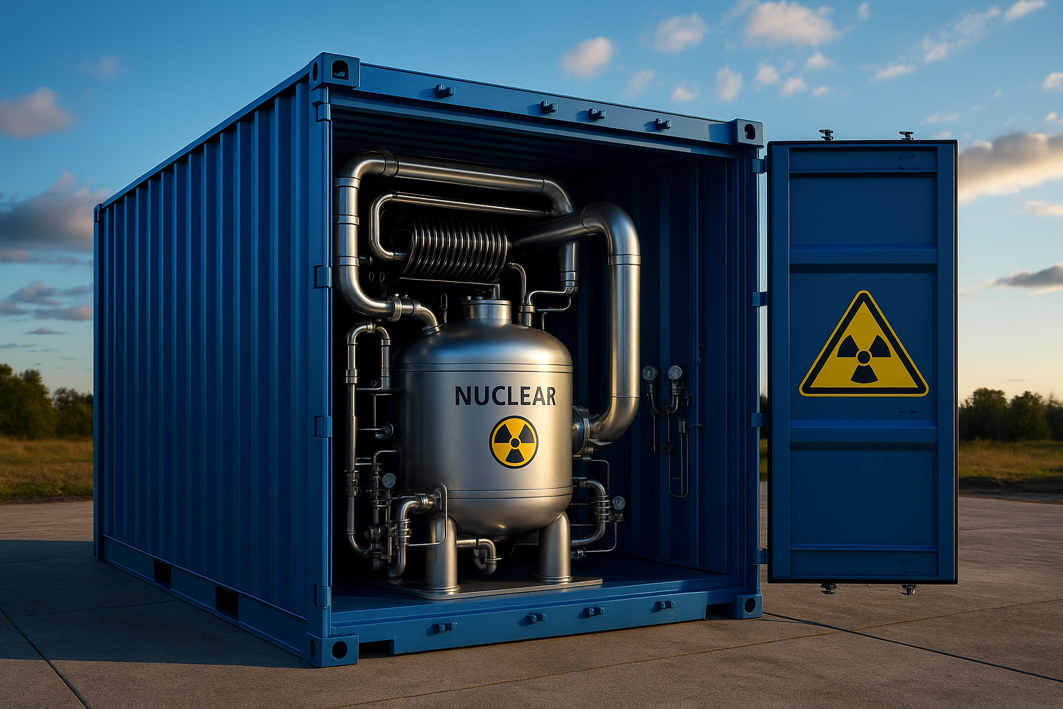 Microrreator nuclear compacto em contêiner azul sobre plataforma de concreto