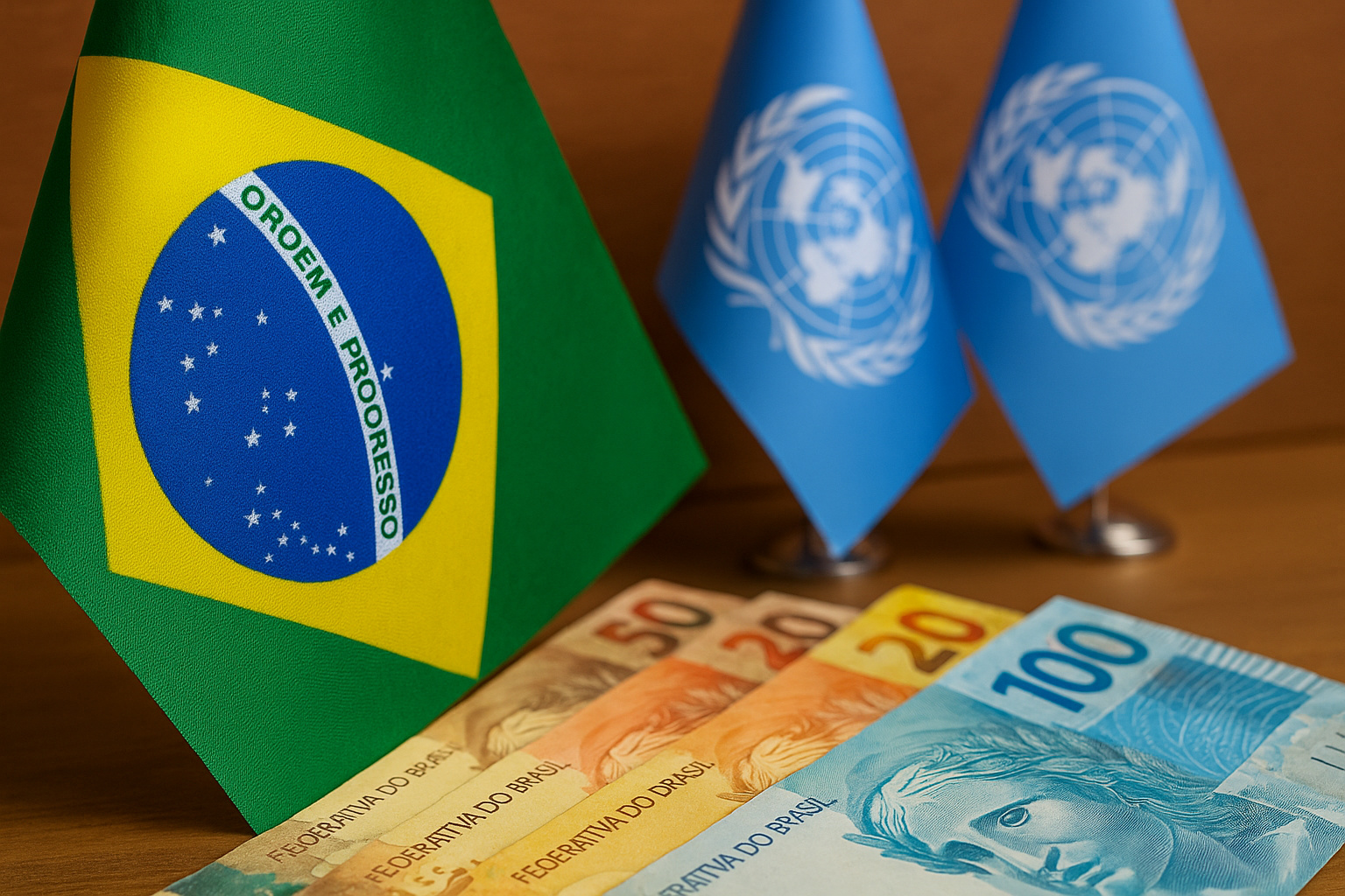 Bandeira do Brasil com cédulas de real e bandeiras da ONU ao fundo representando quitação de dívidas internacionais