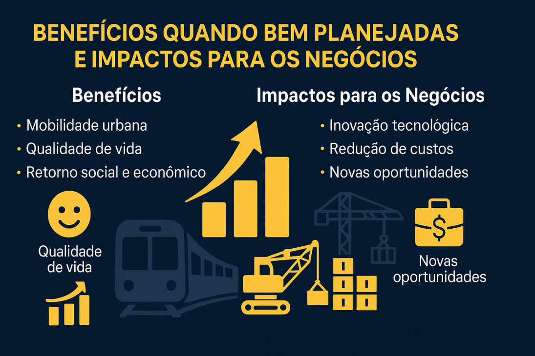 Infografía destacando los beneficios de las grandes obras bien planificadas y sus impactos positivos en los negocios, con íconos y gráficos ilustrativos sobre fondo azul oscuro.