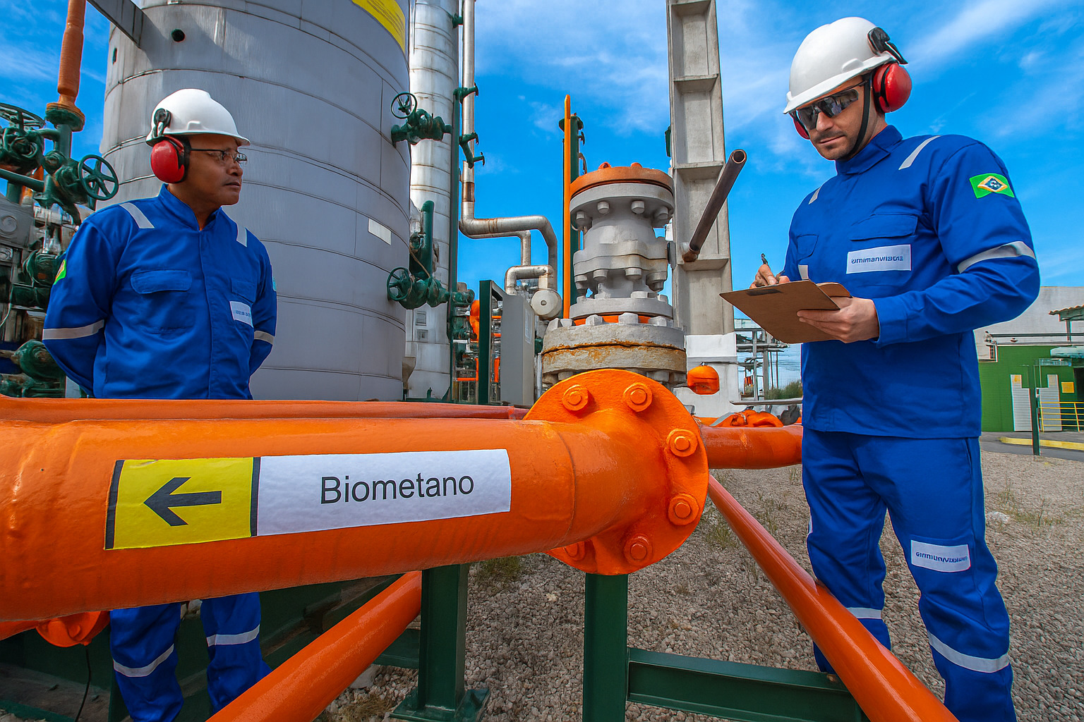 Dois trabalhadores operam juntos em um canteiro de obras industrial ao ar livre, com capacetes de segurança e equipamentos de proteção.