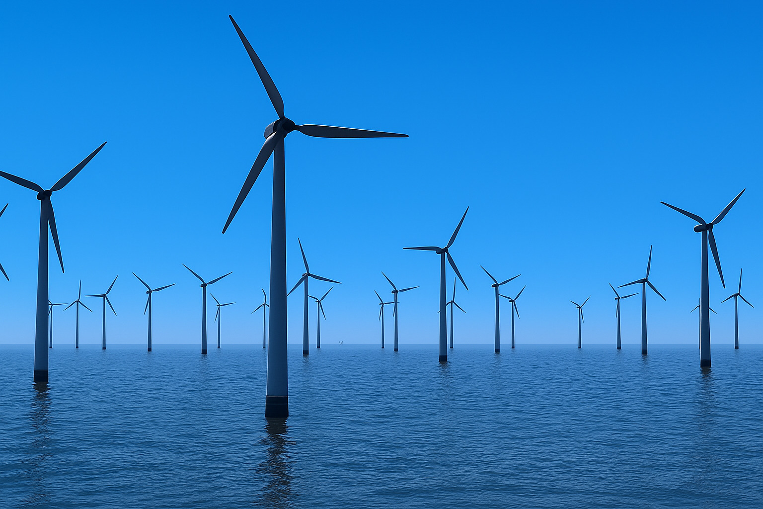 Parque eólico offshore com turbinas em funcionamento sob céu claro ao meio-dia