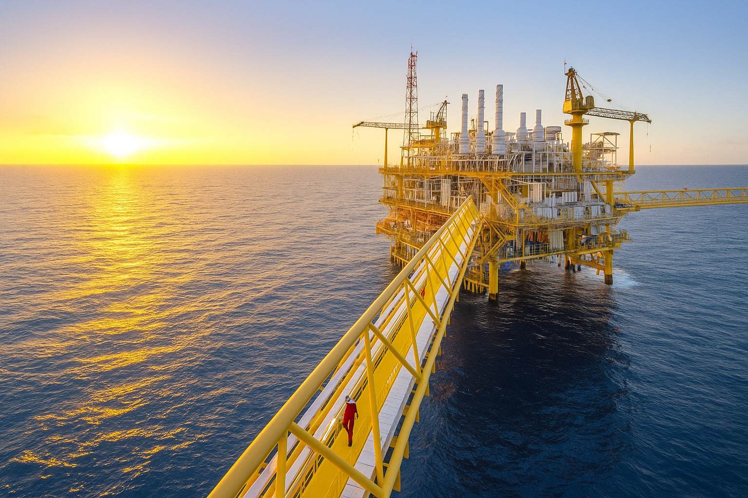 Plataforma de petróleo offshore com céu limpo ao amanhecer e reflexo dourado no mar.