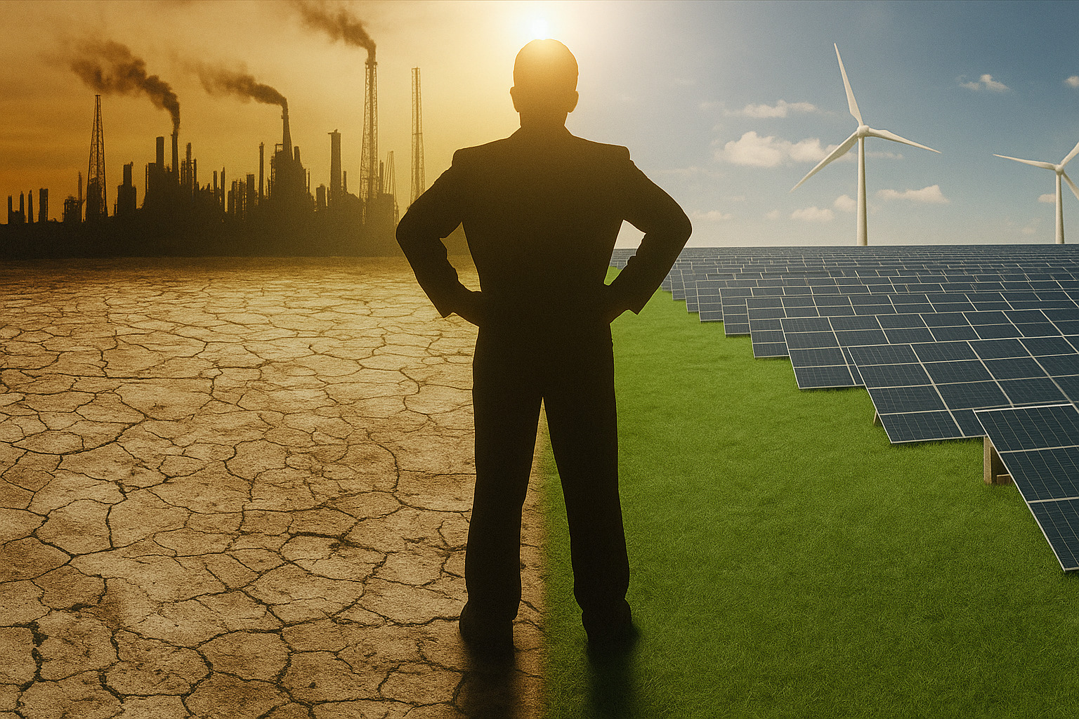 Composição realista contrasta poluição industrial com energia sustentável