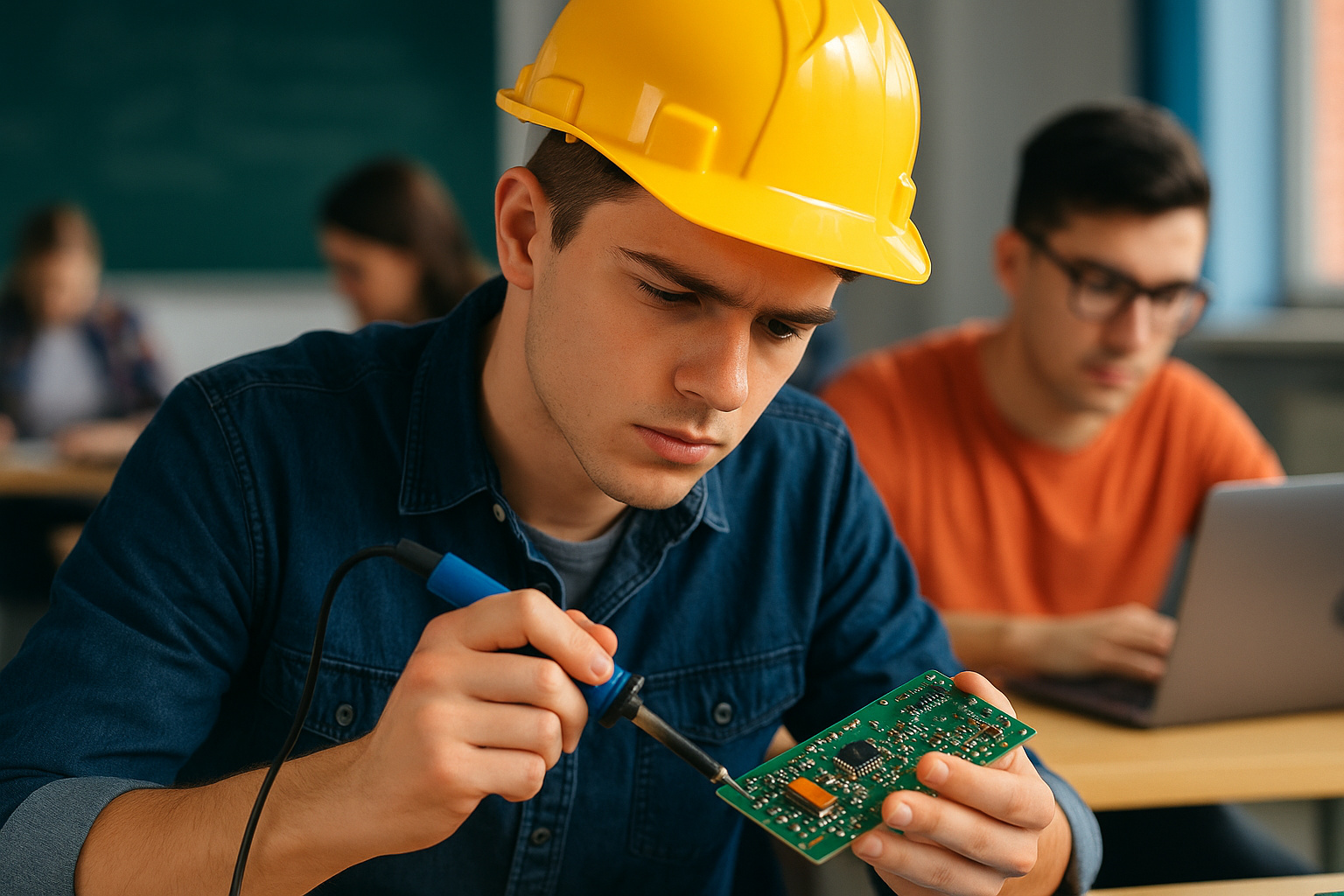 Jovem da geração Z em aula prática de curso técnico de eletrônica, simbolizando capacitação para enfrentar desemprego e automação com inteligência artificial