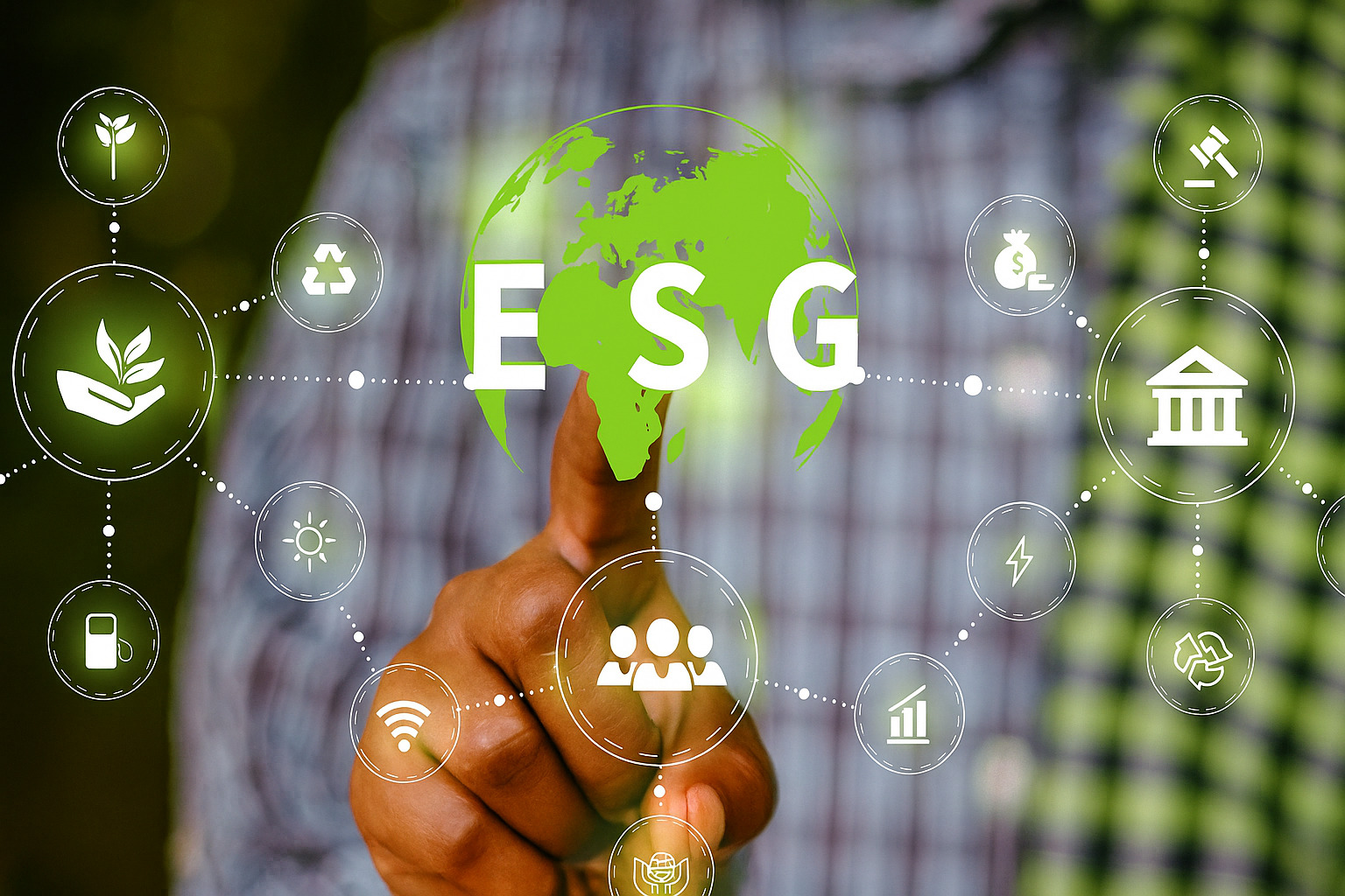 Mão negra feminina toca tela virtual com ícones representando práticas ESG e sustentabilidade.